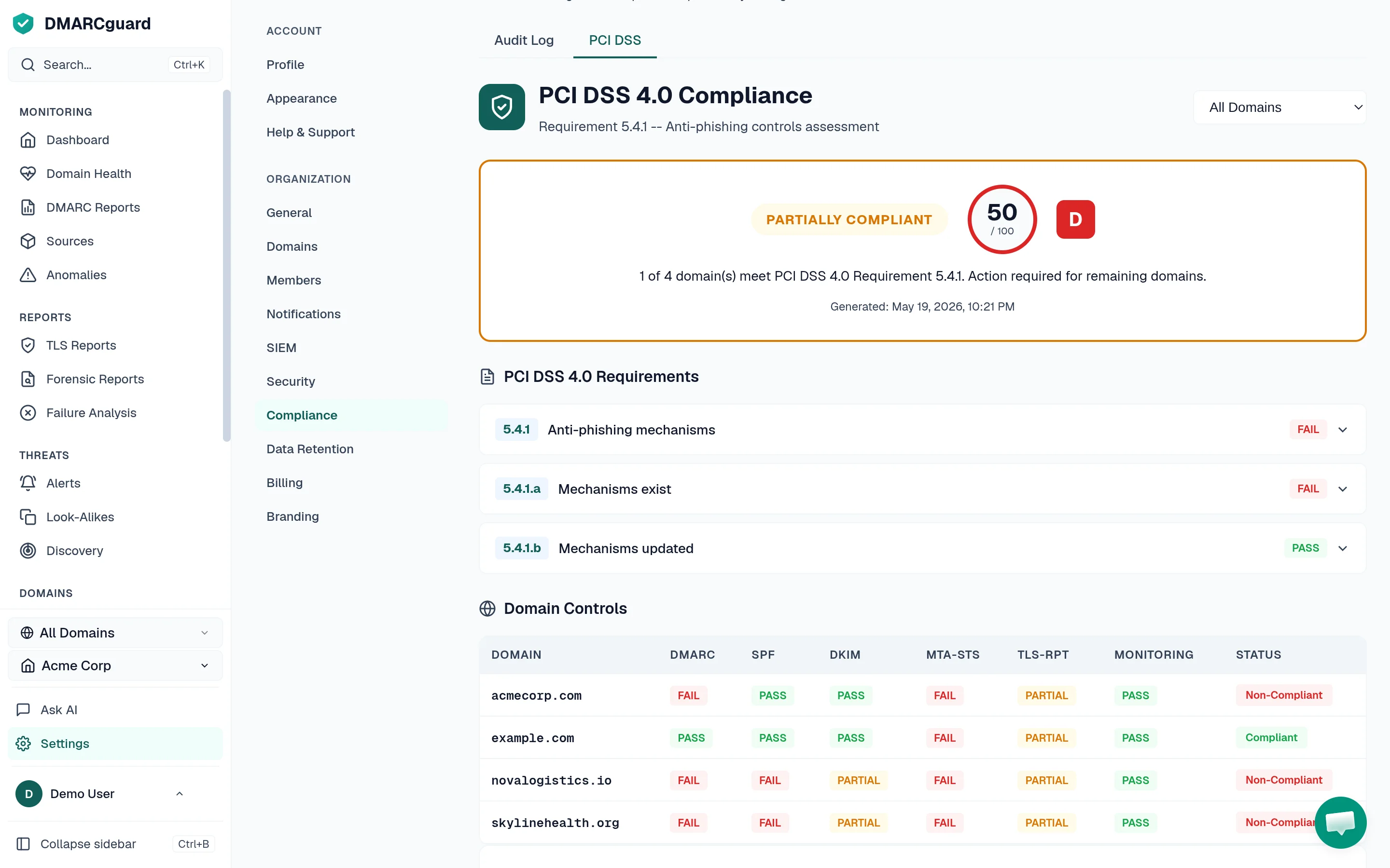 PCI DSS 4.0 DMARC compliance checklist with pass/fail indicators and export button
